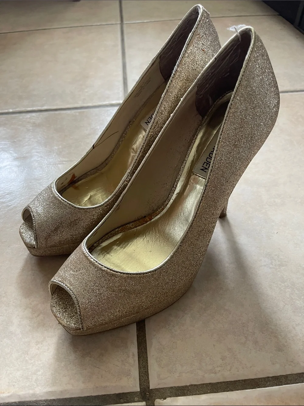 Steve Madden Glitter Peep-Toe Stiletto Heels in Gold